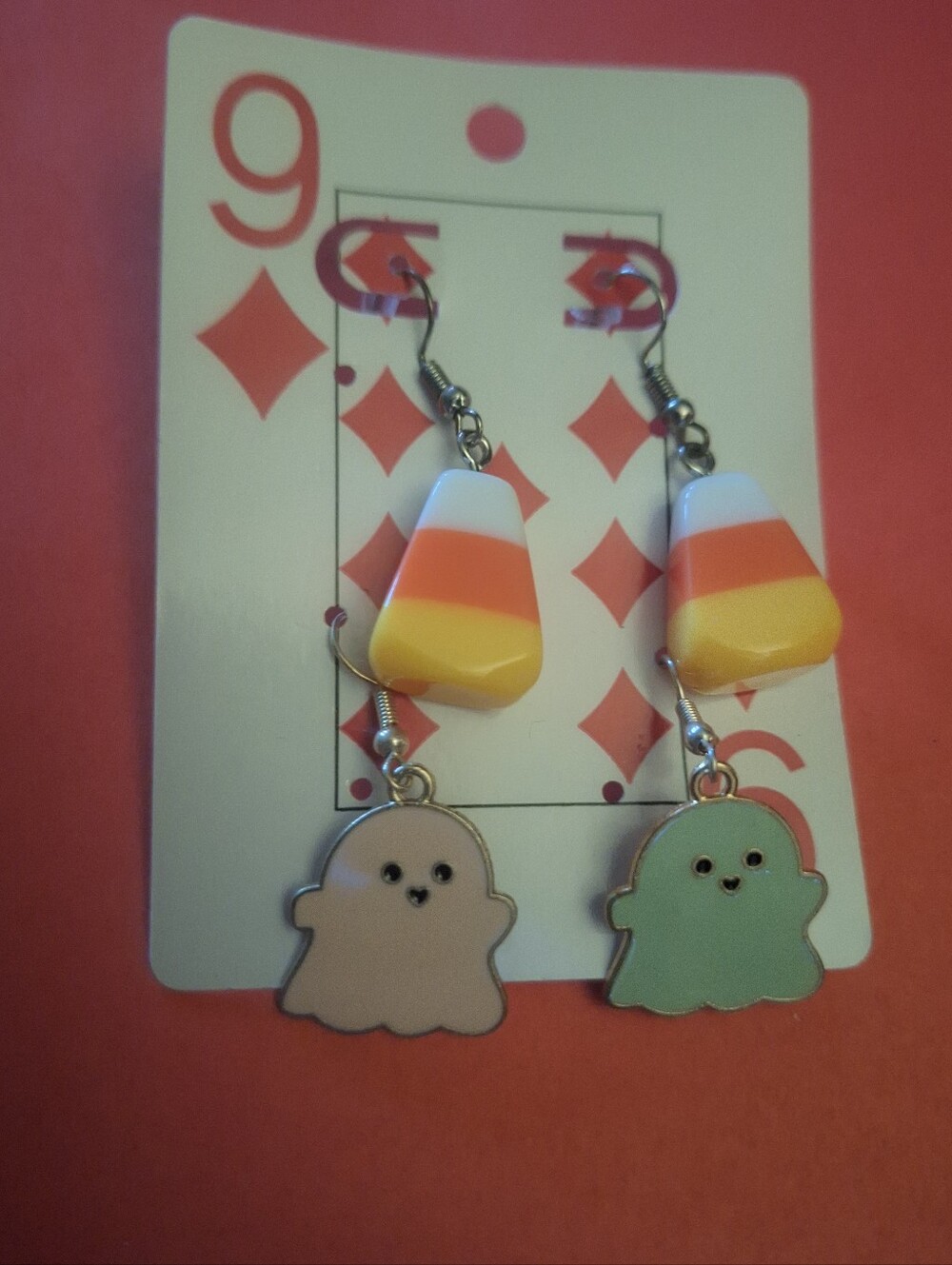 2 Pair Of NEW Halloween Pierced Earrings; Candy Corn & pink & green ghosts